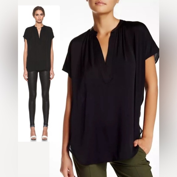 Vince Tops - Vince Leather Trim Placket Silk Cap Sleeve Top Black